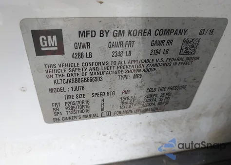 2016 Chevrolet Trax 1Ls z USA, uszkodzony, nr VIN KL7CJKSB0GB666503